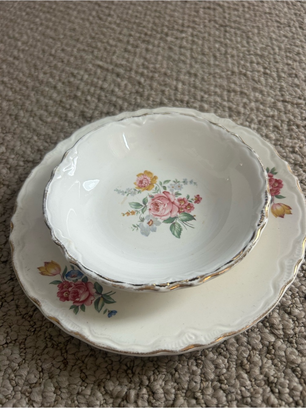 White Floral China Bowl and Plate Set with Gold Trim